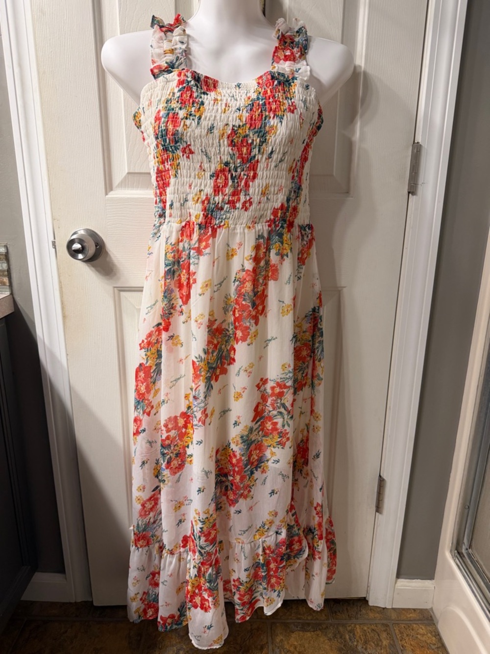 Maurices White Floral Asymmetrical Maxi Dress with Red & Yellow Blooms